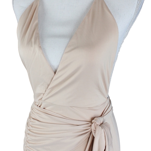 Nude Belted Backless Cami Ruched Asymmetric Dress - Picture 7 of 8